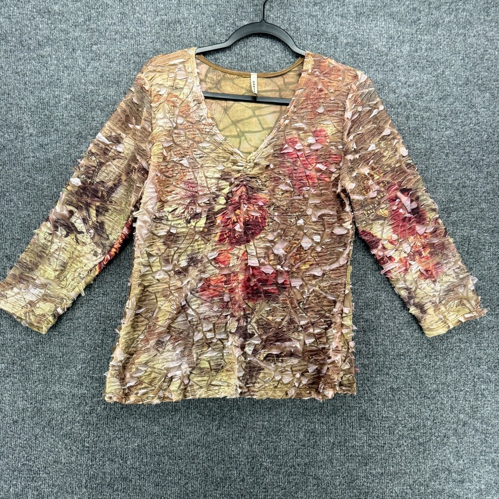 Cubism 90s Top Womens XL Beige Floral Distressed Ruffle V-Neck Fitted Hippie Y2K